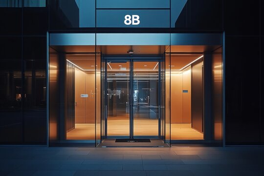 Modern building entrance at night, glass doors, number 8B.