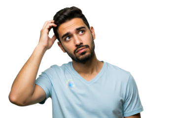 A young man scratching the back of his head with his right hand while looking slightly upward with a puzzled or confused expression