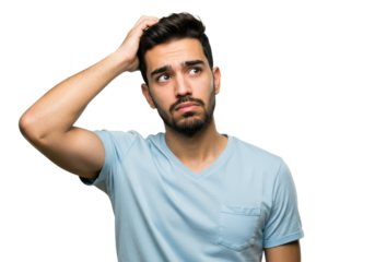 A young man scratching the back of his head with his right hand while looking slightly upward with a puzzled or confused expression