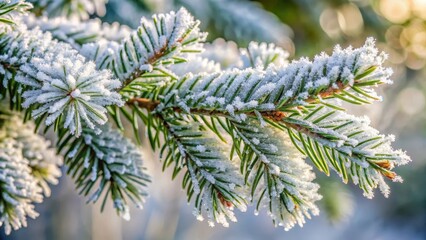 Fototapeta premium Snow-covered fir branch with frosty texture and delicate snowflakes, nature, evergreen, nature, evergreen, outdoors, branches