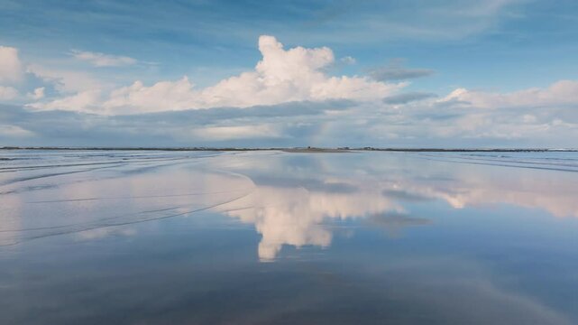 Experience the serene beauty of high tide at Uvita Beach, showcasing stunning reflections and expansive skies in Marino Ballena National Park.