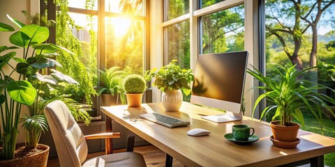 Bright Home Office Workspace: Sunlight, Plants, Computer Desk Setup