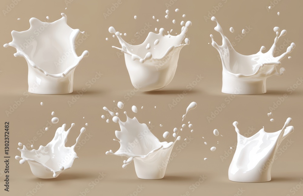 Poster captivating collection of milk splash images with dynamic motion and textures on a beige background 
