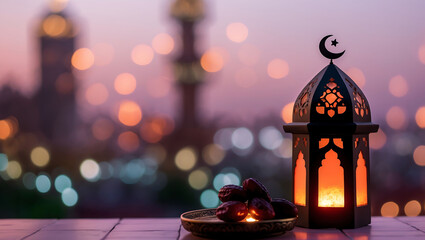 Ramadan Kareem Lantern with Moon Symbol and Dates Against a Dawn Cityscape