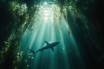 Fototapeta premium Serene Underwater Scene of a Shark Gliding Through a Kelp Forest with Sunlight Beams Piercing the Water in a Stunning Cinematic Shot Captured with High-Resolution Clarity