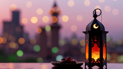 Ramadan Kareem Lantern with Moon Symbol and Dates Against a Dawn Cityscape