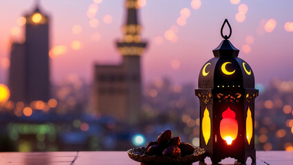 Ramadan Kareem Lantern with Moon Symbol and Dates Against a Dawn Cityscape