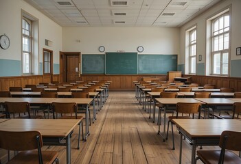 Empty high school classroom with vintage wooden chairs and desks. Classic academic atmosphere, back-to-school concept, and a focus on education and learning.