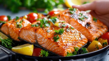 Air fryer clean food cooking easy. Grilled salmon fillets garnished with herbs and lemon slices.