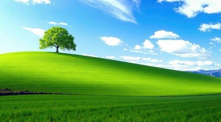 Serene Landscape Featuring a Solitary Tree on a Rolling Green Hill Under a Vivid Blue Sky with Puffy White Clouds