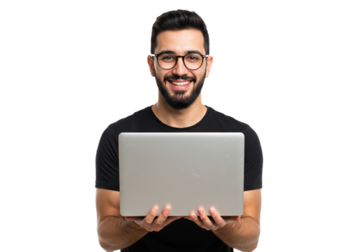 A young man holding a silver laptop in both hands and smiling directly at the camera - Powered by Adobe