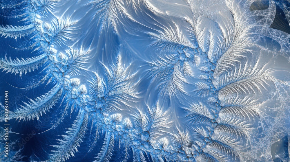 Poster an infinite abstract background in shades of cobalt blue and silver, with sharp fractal curves formi