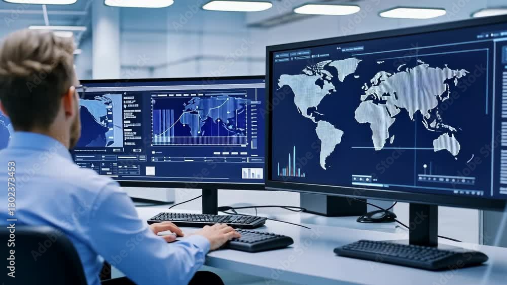 Poster man analyzing global data on computer screens in modern office focus on data analytics, technology, 