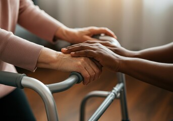 Compassionate nurse holding hand of senior woman, supporting walker movement with gentle touch, representing healthcare support and human connection