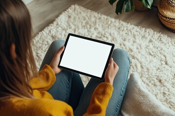 Mockup Image of a Woman Sitting and Holding Black Tablet Pc with Blank White Desktop Screen