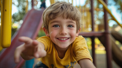 A child offers a hand to help a fallen friend on a playground, with smiles and laughter highlighting friendship and kindness.