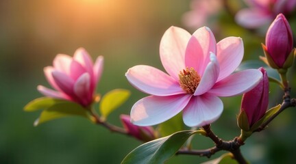 A delicate pink magnolia blossom basks in the warm glow of the setting sun, its petals gently unfurling, showcasing the beauty of nature's artistry.