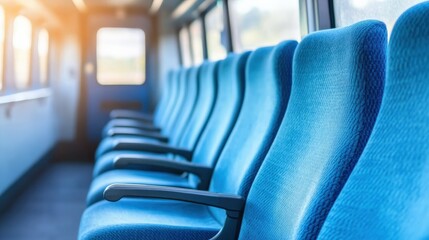 Bright Blue Seats in a Train with Sunlight Streaming Through the Windows