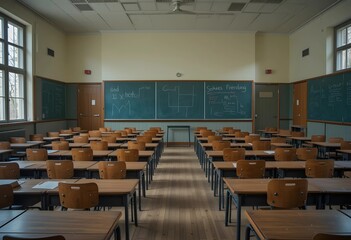 Fototapeta premium Empty high school classroom with vintage wooden chairs and desks. Classic academic atmosphere, back-to-school concept, and a focus on education and learning.