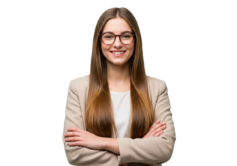 A young woman with long straight brown hair standing with her arms crossed and smiling warmly