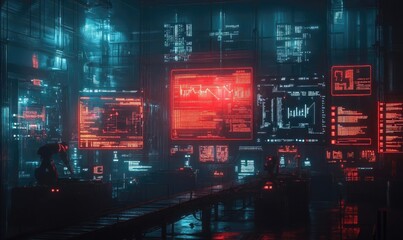 Futuristic Data Center with Illuminated Screens and Technology Elements