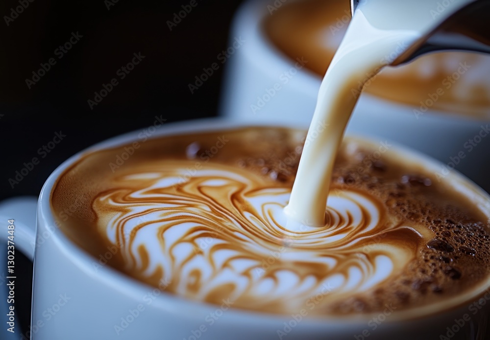 Poster close-up of cream pouring into a cup of coffee with beautiful swirls and patterns creating an inviti