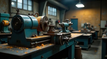 Fototapeta premium Industrial Workshop A Close-Up View of Vintage Teal Metalworking Machinery with Wood Shavings