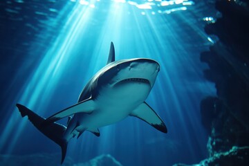 Fototapeta premium Stunning Close-Up Shot of a Blacktip Shark with Light Rays Illuminating Its Dorsal Fin in an Underwater Scene