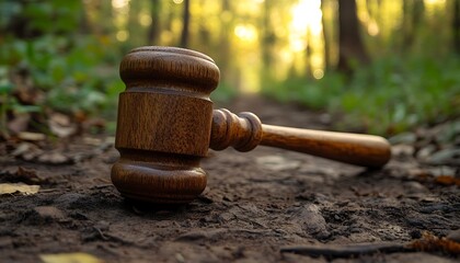 Gavel Lies on Ground in Forest Law Concept