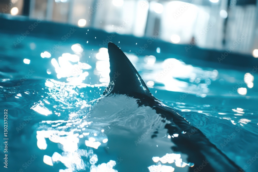 Poster close-up shot of a blacktip shark dorsal fin with light rays illuminating underwater in a serene set