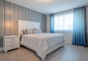 Fototapeta premium Modern bedroom with white bed, gray walls, and blue curtains.