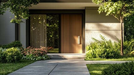 Naklejka premium Modern home facade with entrance, front door and view to the garden