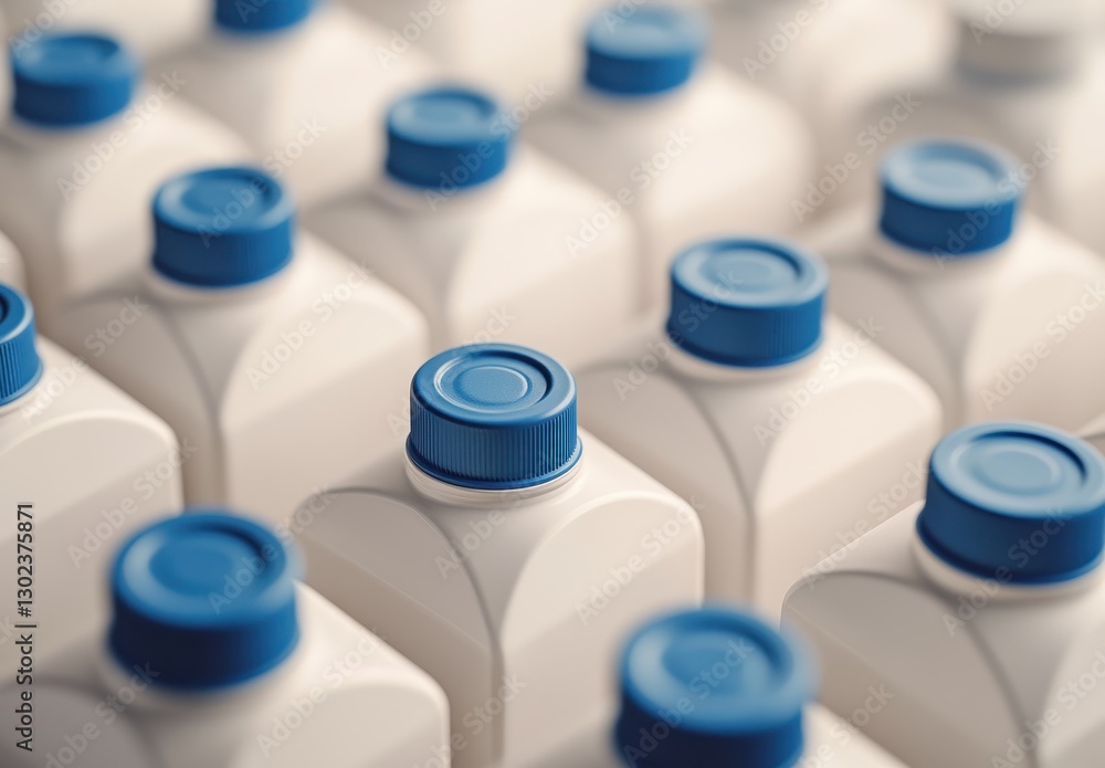 Aufkleber Close-up View of Milk Containers with Blue Caps Arranged in a Pattern for Display in a Retail Environment