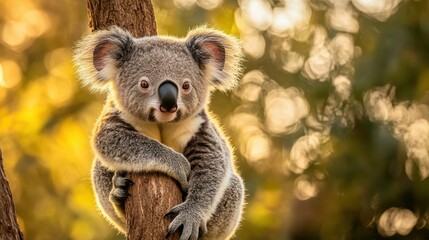 Fototapeta premium Cute koala sitting on tree trunk in natural sunlight setting