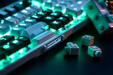 Illuminated Mechanical Keyboard with Building Blocks, A Fusion of Technology and Creativity, Showcasing a Custom Setup with Playful, Vibrant Aesthetic