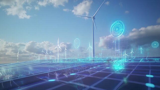 A wind turbine and solar panels surrounded by holographic energy-saving icons. - Powered by Adobe