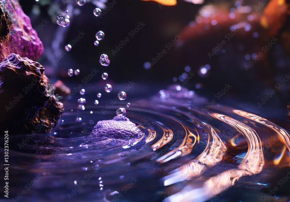 Poster close-up view of water droplets splashing in a calm pool with colorful reflections from underwater e