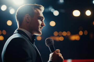 Male announcer in tuxedo speaking into microphone on stage.