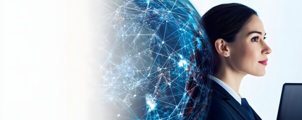 Woman with global network visualization embodies international business connectivity