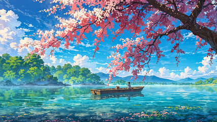 Obraz premium Serene Lake with Sakura Blossoms and Boat