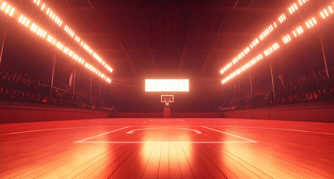 Immersive red basketball arena with vibrant lighting and eager crowd awaiting the tipoff of an exciting game, creating a sense of anticipation and spectacle