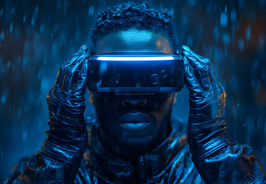 Immersive Technology, African Man Experiencing Virtual Reality in the rain