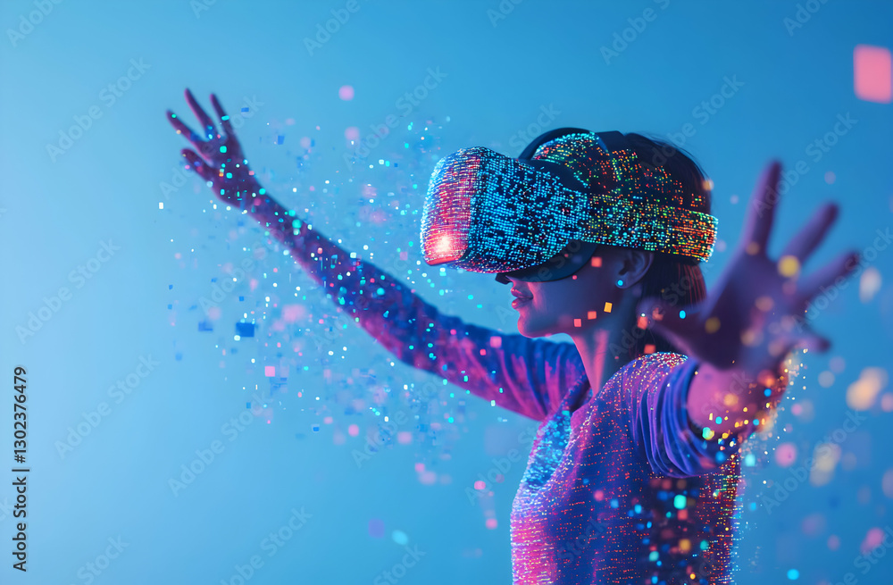 Poster immersive virtual reality experience, woman exploring digital worlds with futuristic vr headset and 