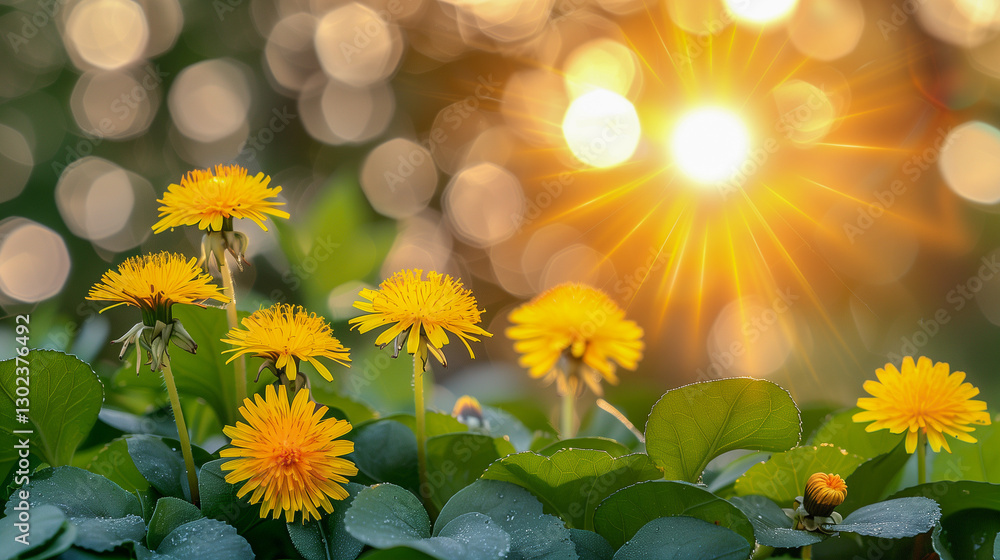 Poster golden dandelions in sunlight with bokeh background..