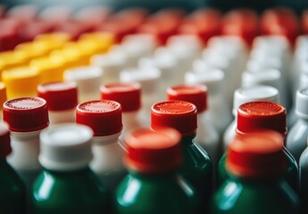 Colorful arrangement of plastic bottles with vivid caps in various shades and hues for creative packaging or design concepts and branding ideas