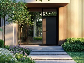 Modern home facade with entrance, front door and view to the garden