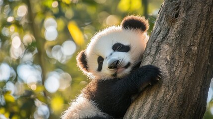 Obraz premium Cute Panda Climbing Tree in Natural Habitat Under Soft Sunlight