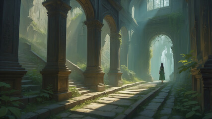  Mysterious Woman in an Overgrown Castle Hallway