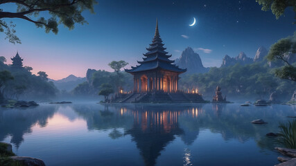 Fototapeta premium Mystical Pagoda Overlooking a Moonlit Lake