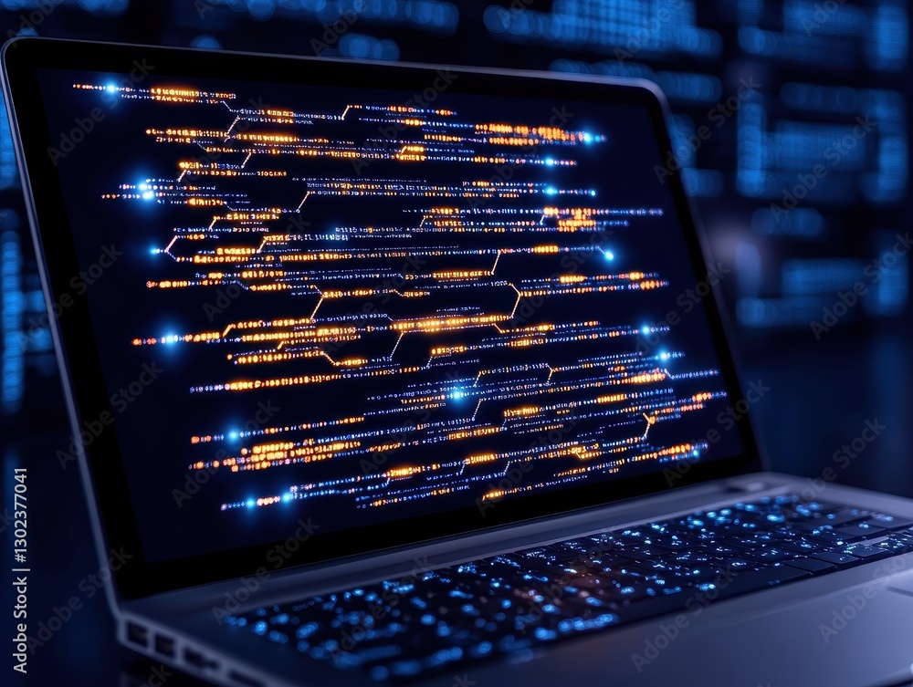 Aufkleber futuristic laptop displaying vibrant code on screen with a tech-themed background